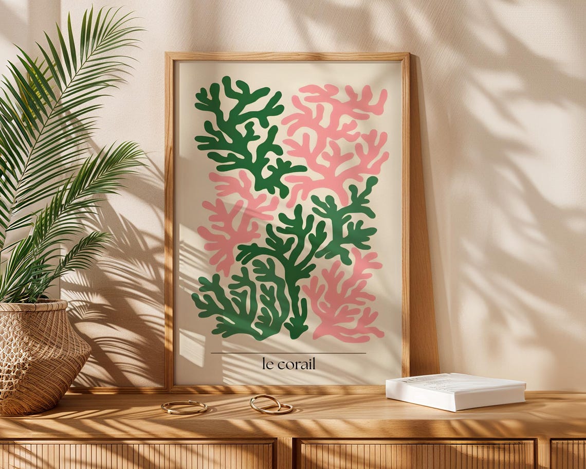 Le Corail Pink Green Coral Reef Minimal Ocean Sea Art Poster
