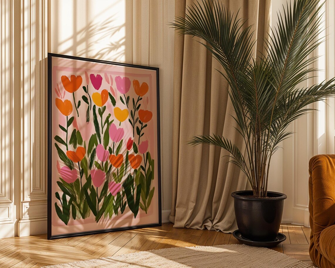 Heart Shaped Flower Field Poster Pink Orange Tulip Whimsical Floral