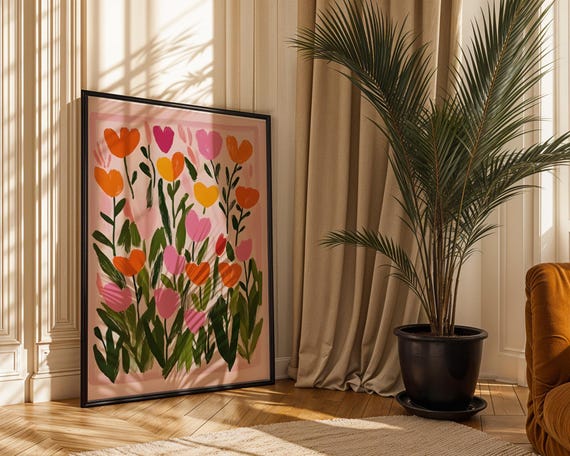 Heart Flower Field Art Print Pink And Orange Tulip Wall Whimsical Floral Poster Dopamine Decor Colorful Abstract Botanical