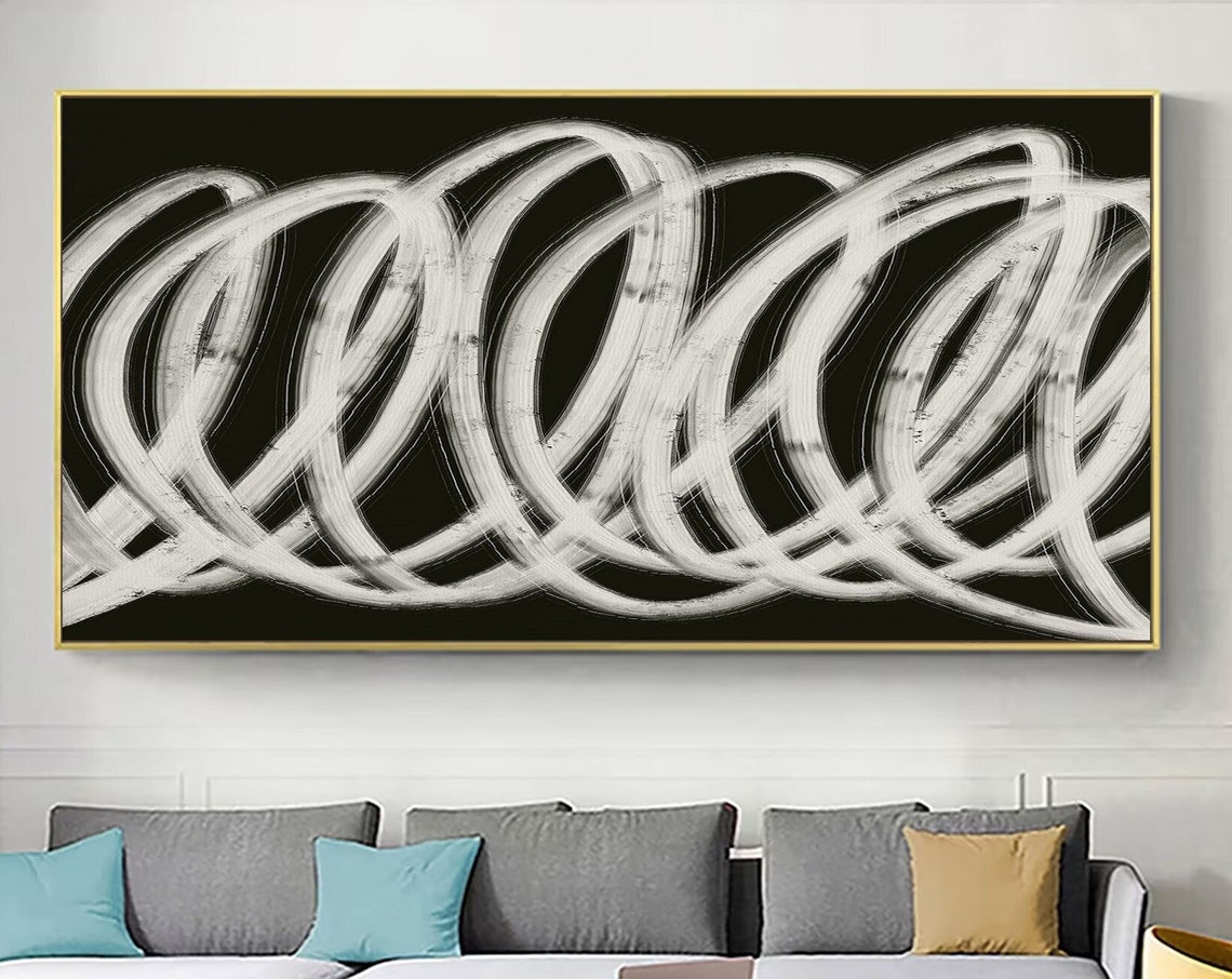 White Looped Brush Circles On Black Abstract Modern Art Poster