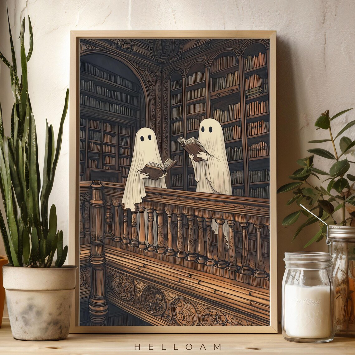Two Cute Ghosts in a Library, Dark Academia Art Print