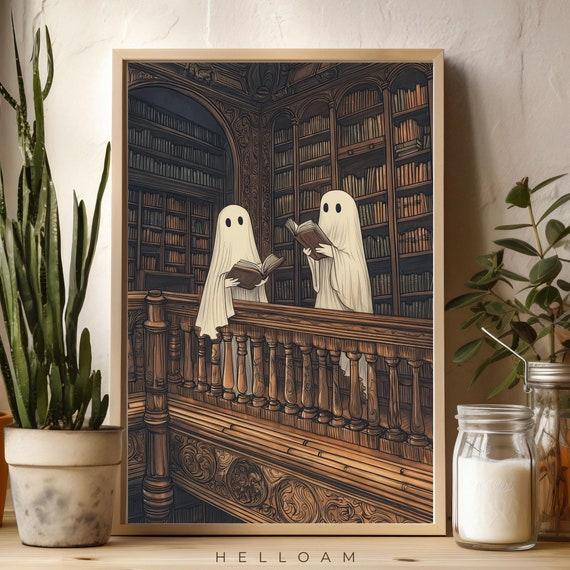 Two Cute Ghosts in a Library, Dark Academia Art Print