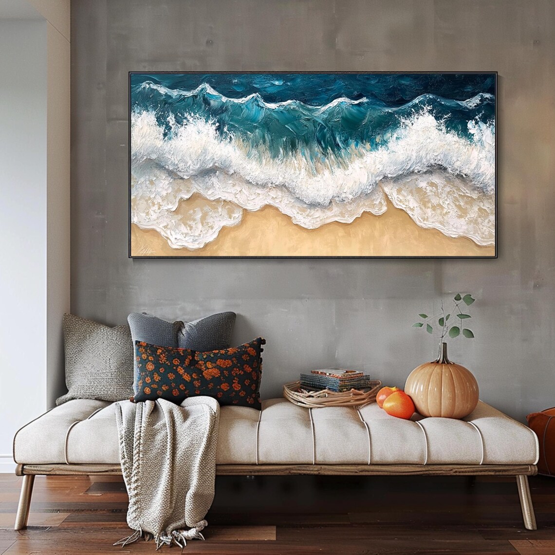Aerial Blue Ocean Waves Crashing On Golden Sandy Beach Poster - Image 4
