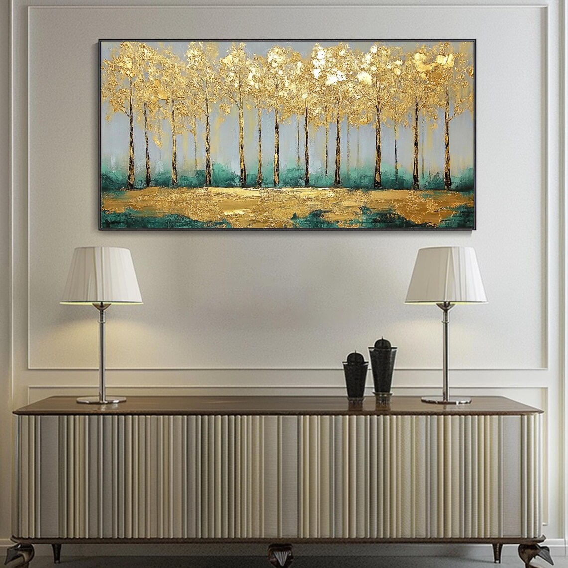 Golden Foil Forest Row Of Trees Gold Leaf Modern Painting Poster - Image 3