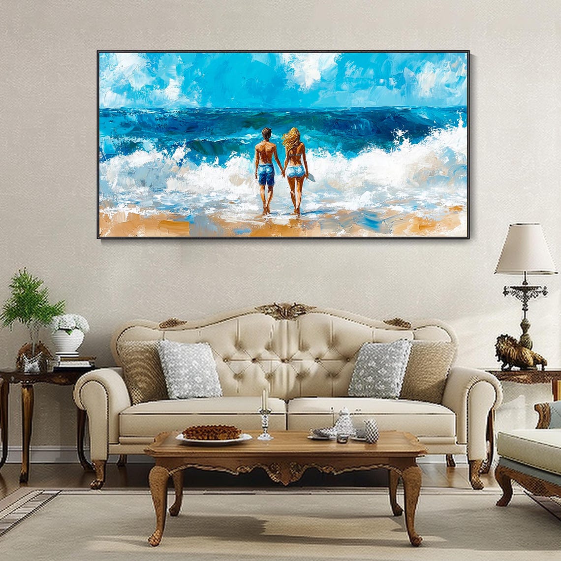Romantic Couple Holding Hands Walking Into Ocean Waves Beach Poster - Image 3