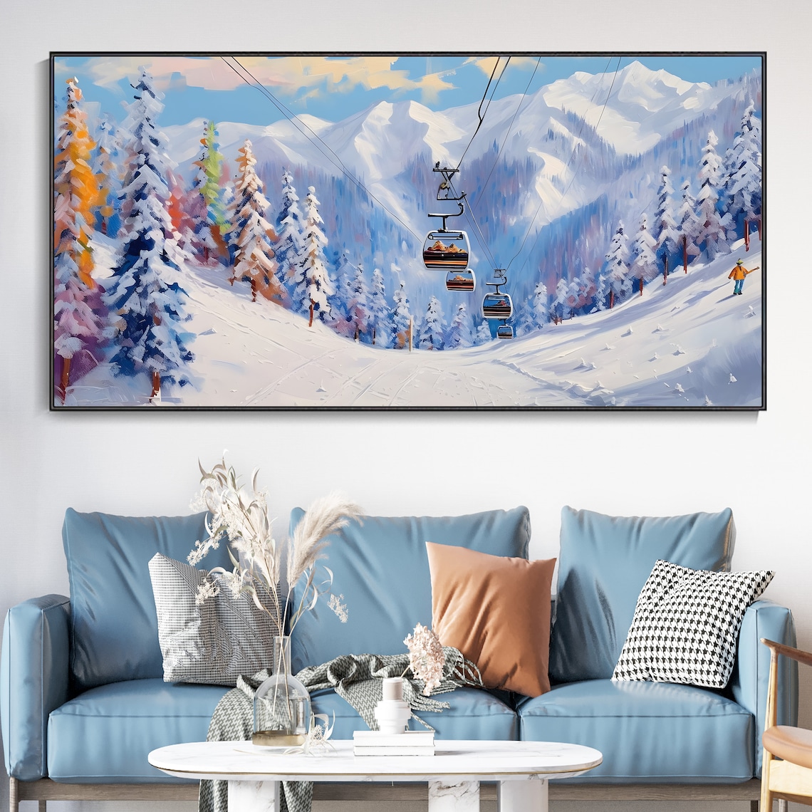 White Ski Oil Painting, Ski Resort Pine Tree Art - Image 3