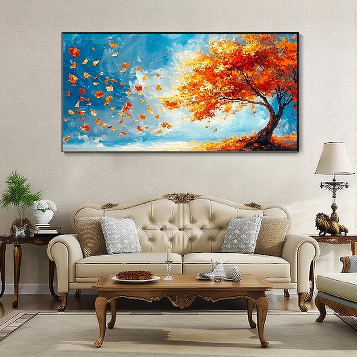 Autumn Orange Tree With Falling Leaves Blue Sky Painting Poster - Image 4