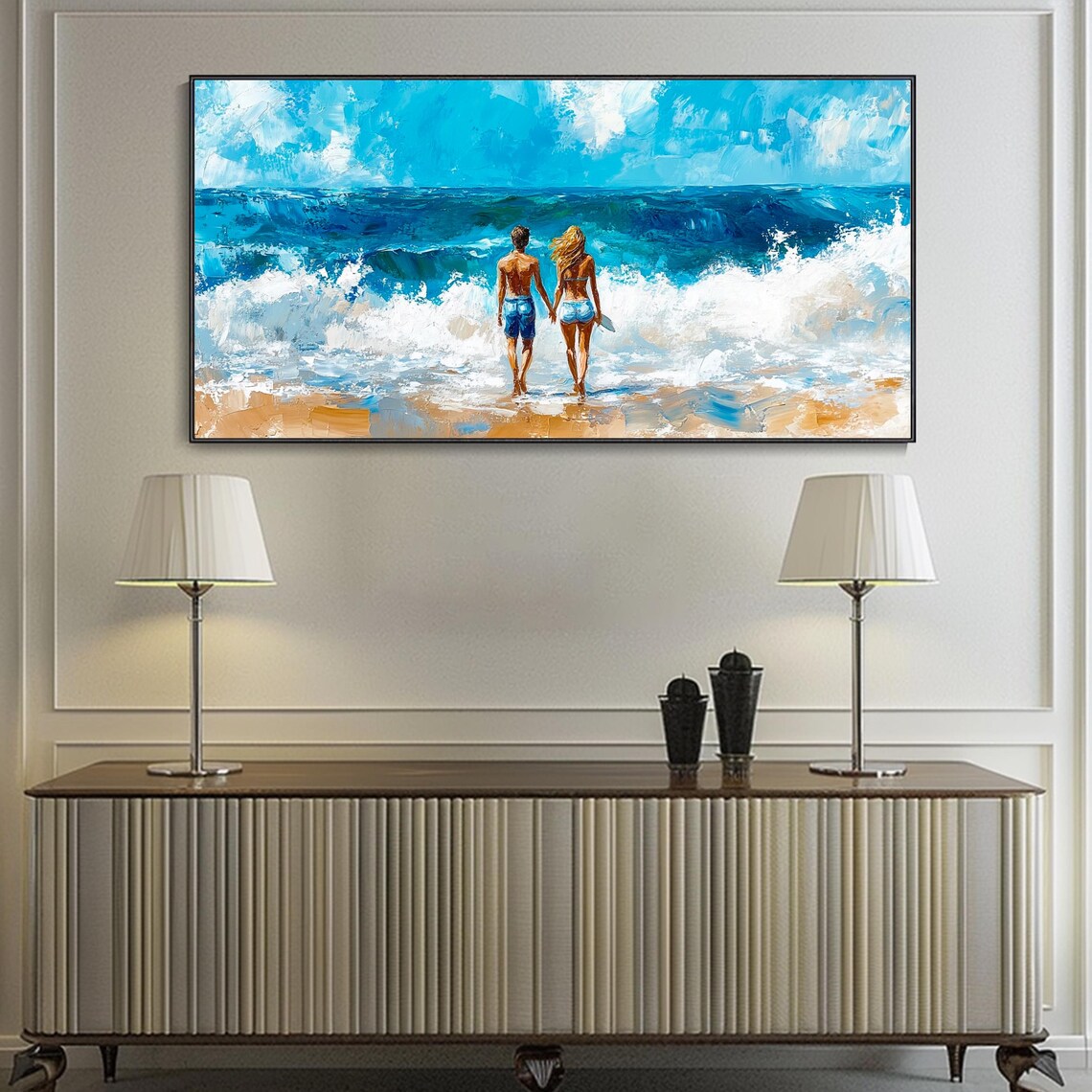 Romantic Couple Holding Hands Walking Into Ocean Waves Beach Poster - Image 2