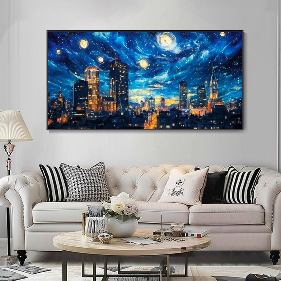Starry Night City Skyline Swirling Blue Sky Night Lights Painting Art Wall Poster - Image 4