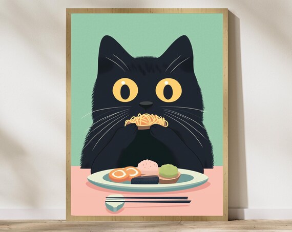 Black Cat Eating Sushi Cute Japanese Food Kitchen Decor Poster