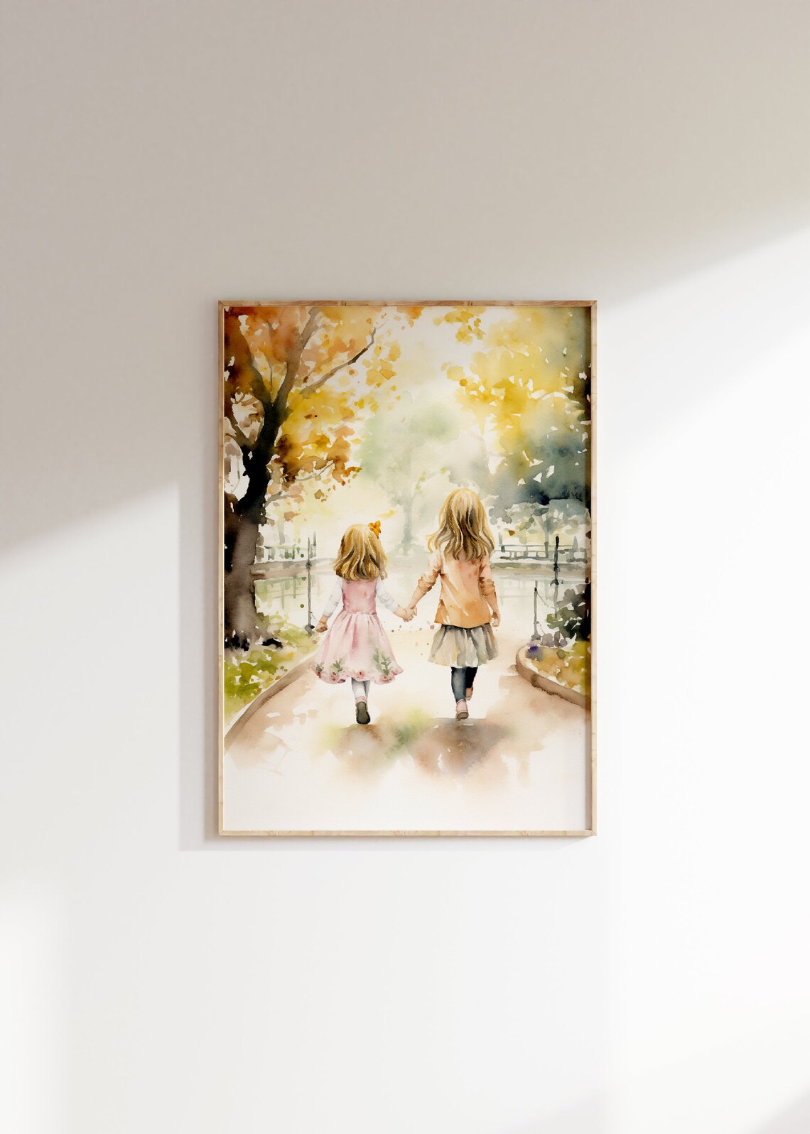 Sisters Walking Watercolor Art Print, Family Decor