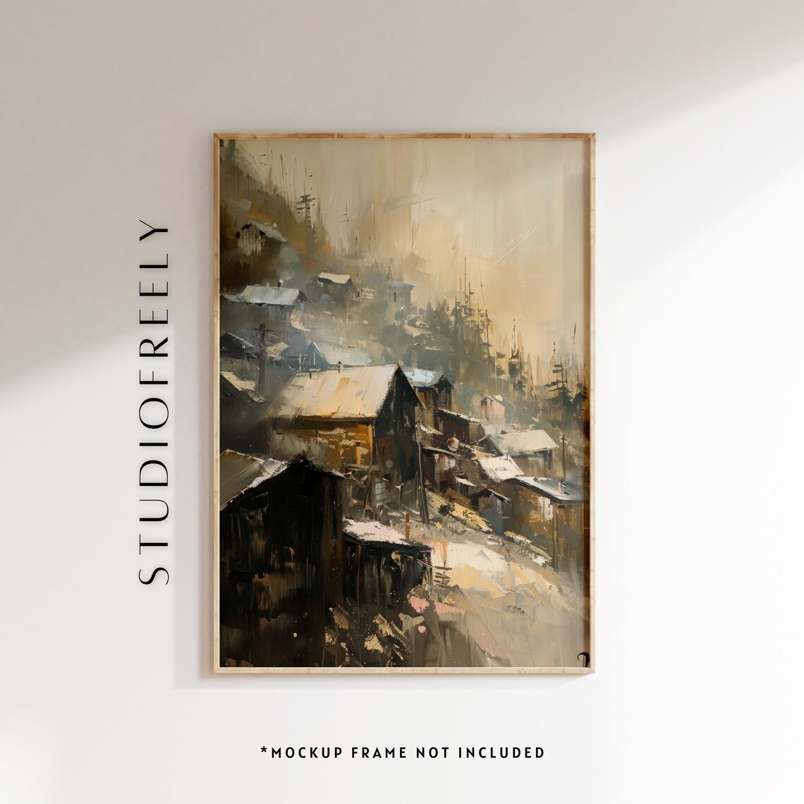 Rustic Mountain Village Art Print, Moody Landscape