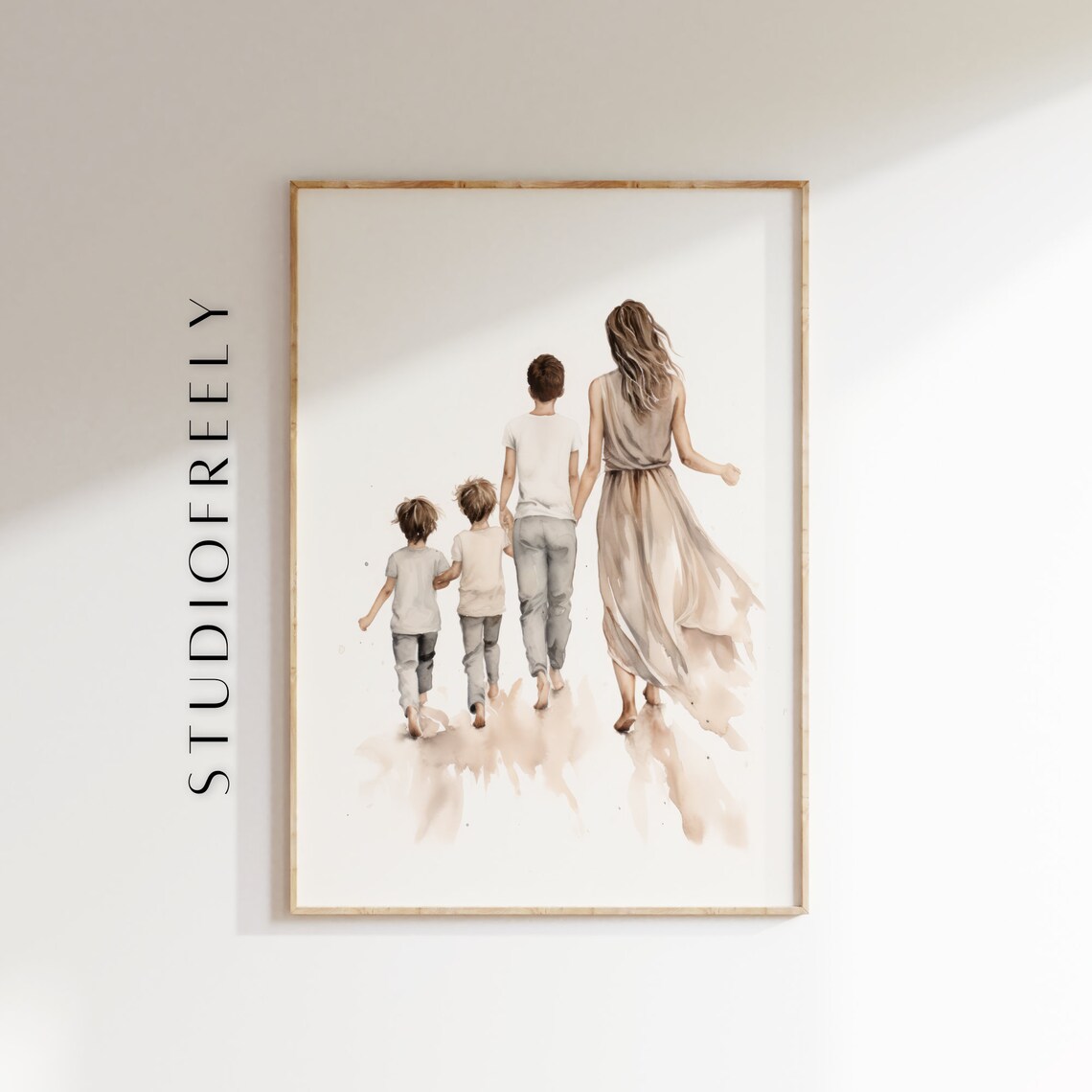 Mother And Sons Watercolor Art Print, Beach Walk