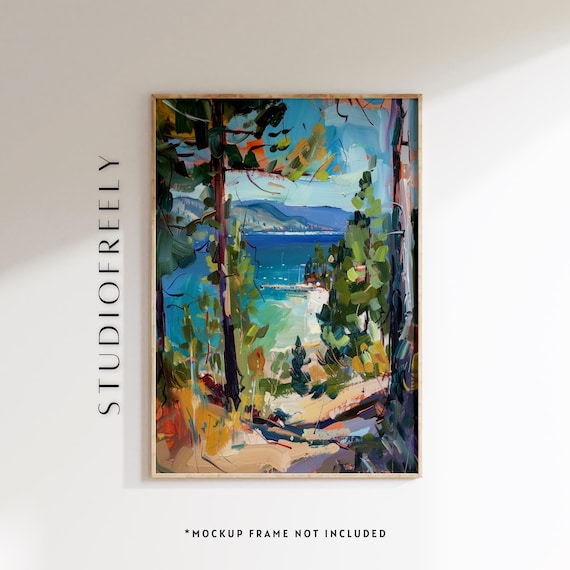 Lake Tahoe Beach Through Pine Trees Impressionist Blue Lake Art Poster