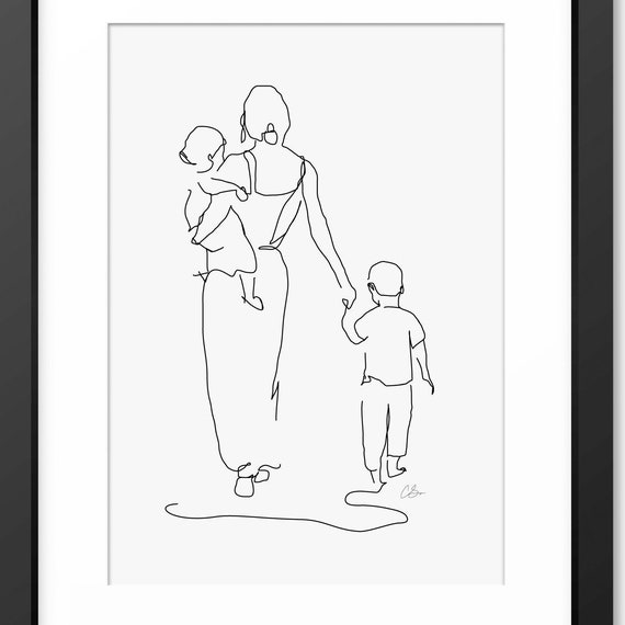 Mother And Children Line Art Family Portrait Art Print