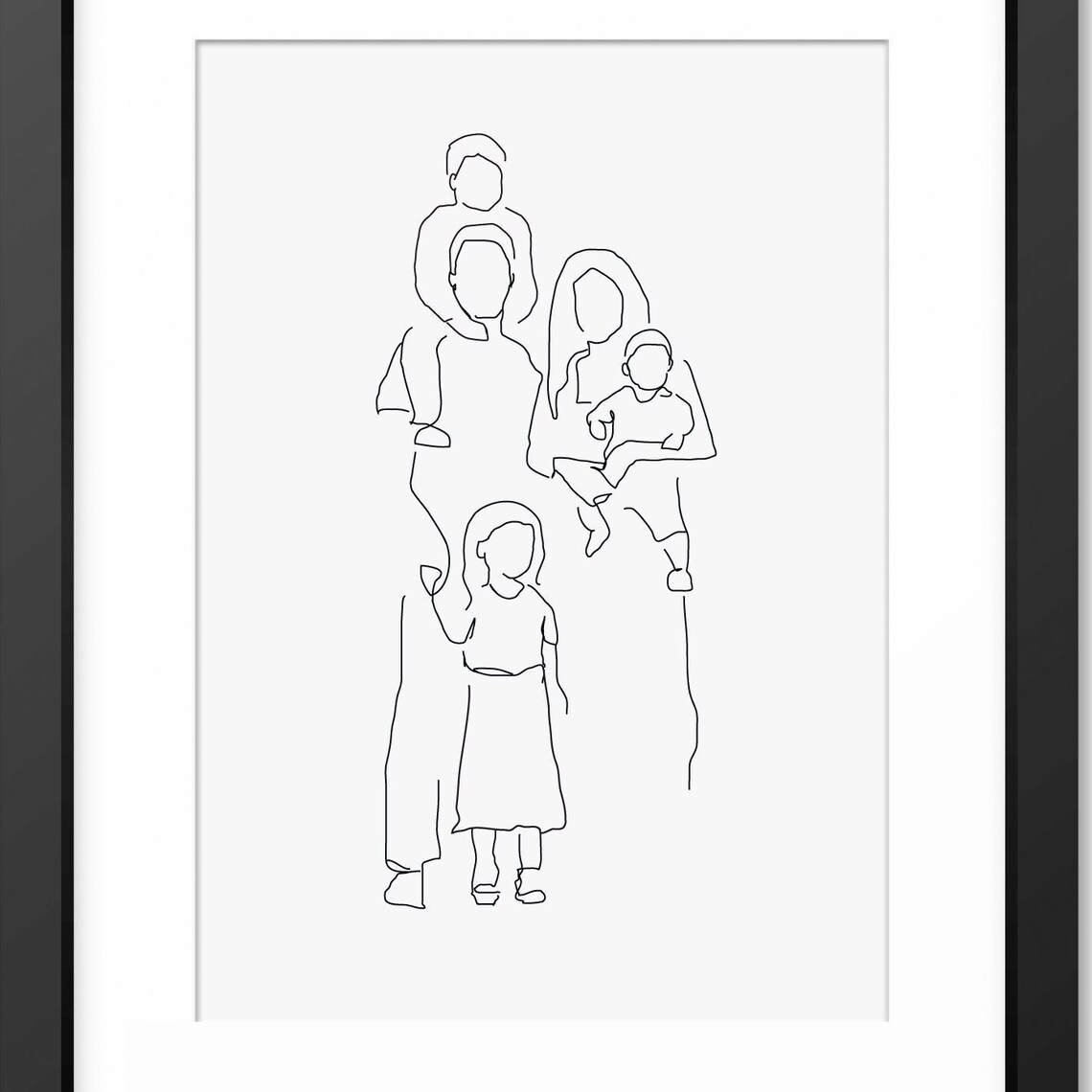 Extended Family Portrait With Five Members Minimalist Line Art Poster