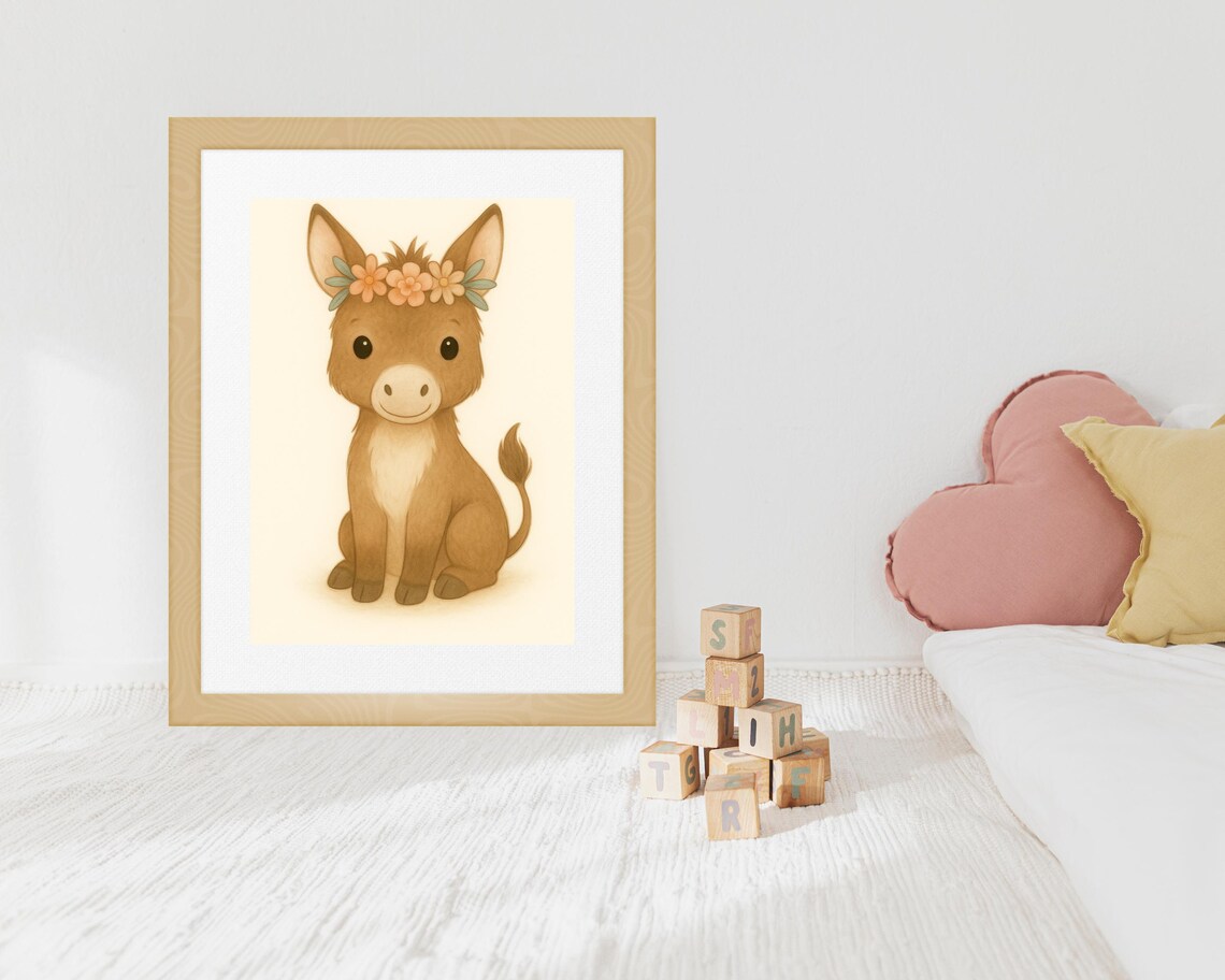 Farmhouse Donkey With Floral Crown, Nursery Art Print
