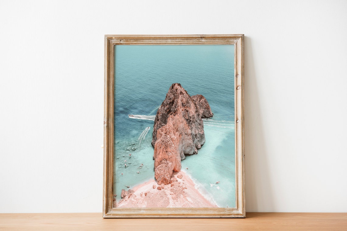 Rocky Sea Stack In Turquoise Ocean Aerial View Coastal Wall Art - Image 3