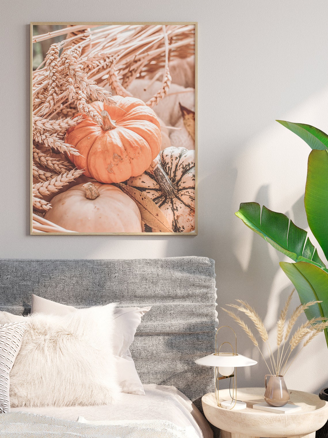 Orange Pumpkin With Wheat Stalks Rustic Autumn Harvest Wall Print - Image 2