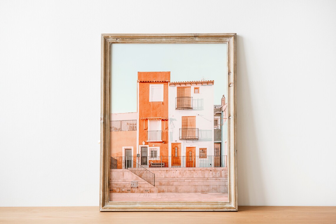 Pastel Orange Mediterranean Street Houses Photography Poster - Image 3