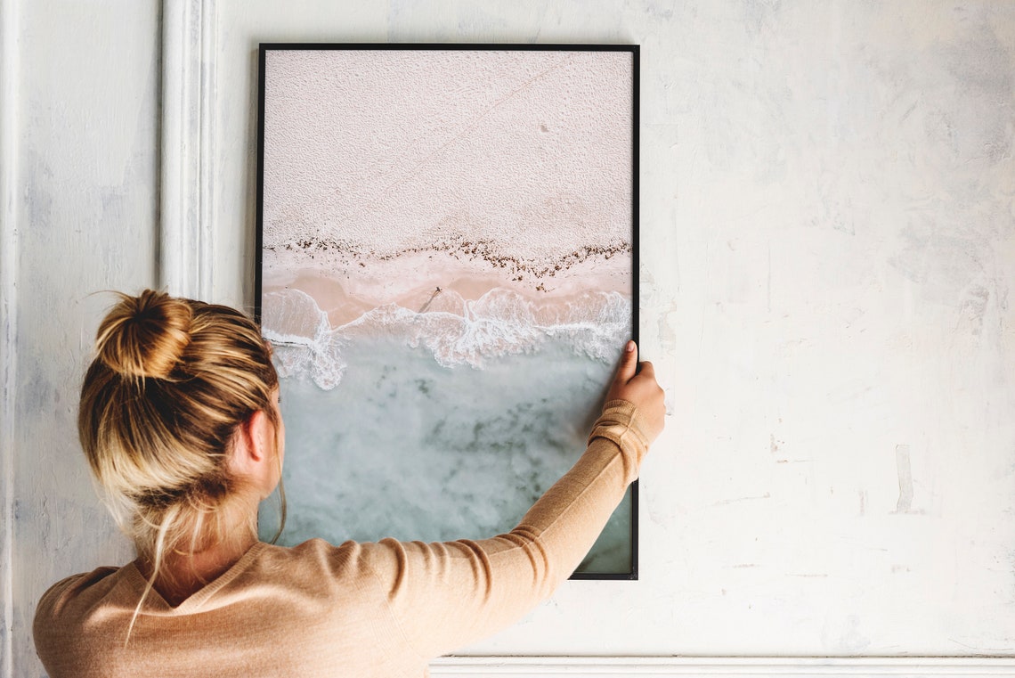Aerial Beach Waves Blush Pink Sand And Mint Sea Coastal Wall Art - Image 3