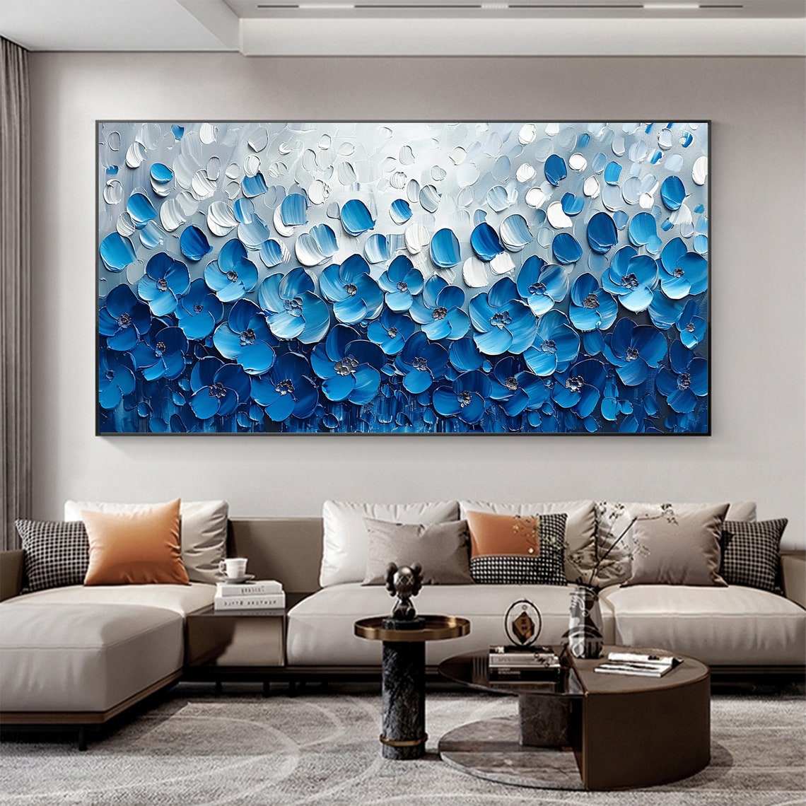 Blue and White Flower Field Ombré Gradient Impasto Floral Poster - Image 4