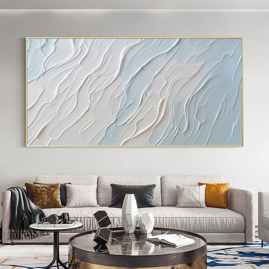 White Blue Diagonal Wave Texture Modern Abstract Painting Poster - Image 7