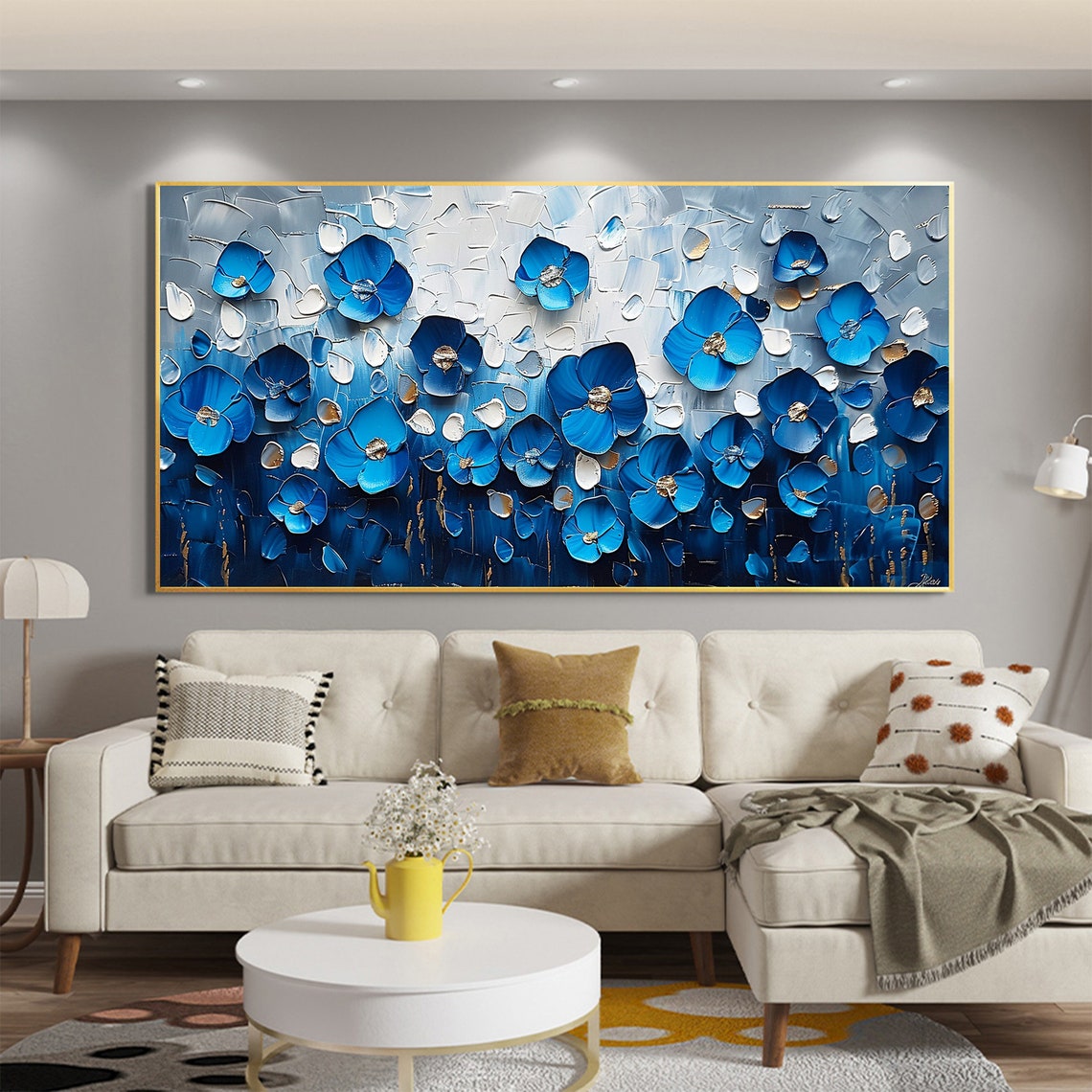 Cobalt Blue Blossom Row with Gold Centers Textured Art Poster - Image 3