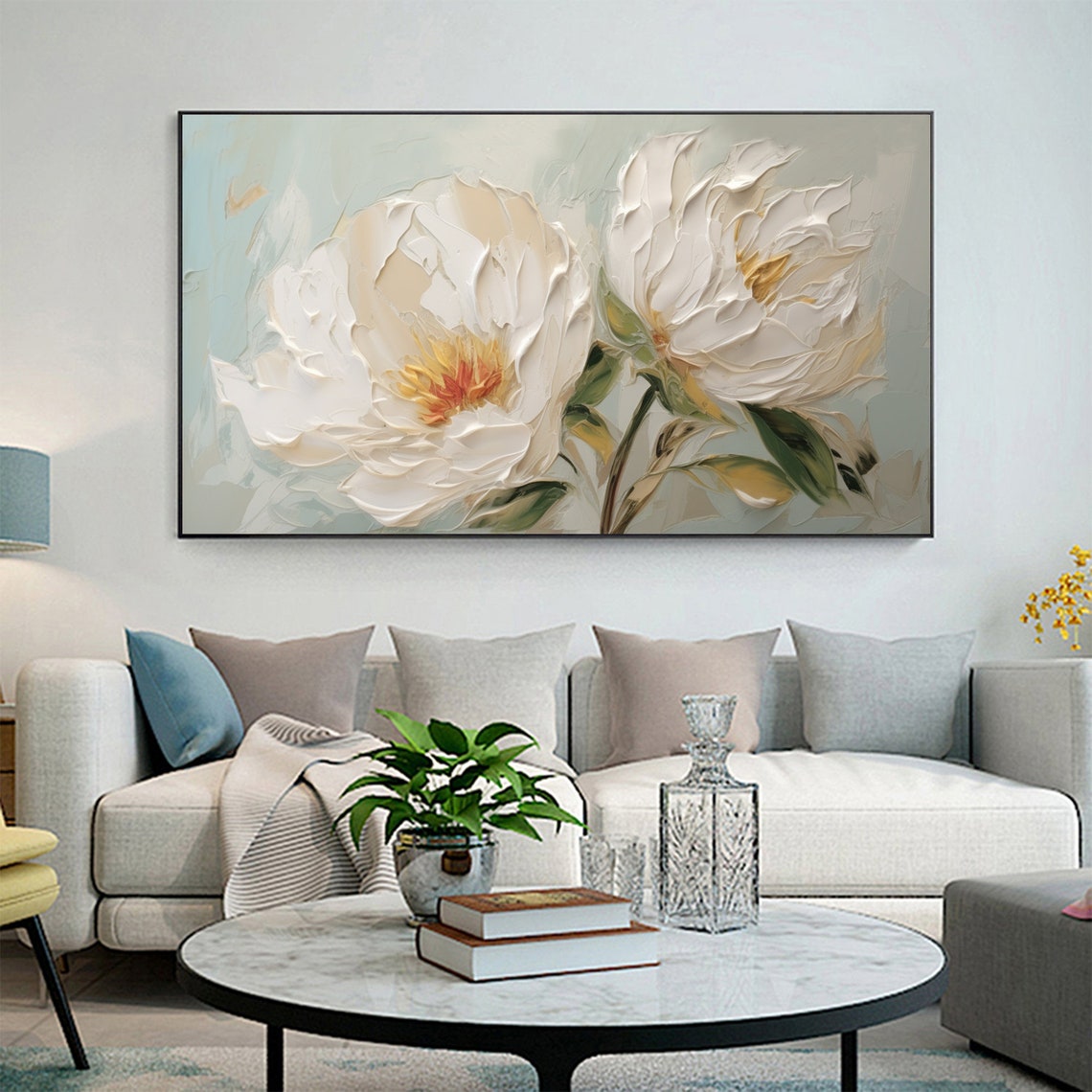 White Peony Flowers Soft Sage Impasto Texture Painting Poster - Image 6