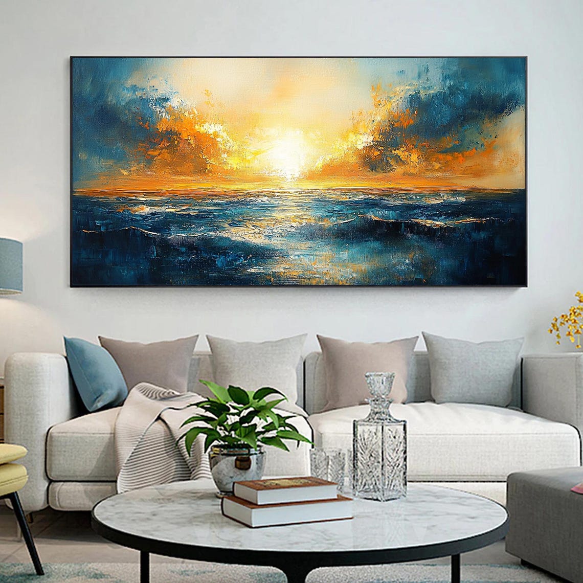 Golden Sunset Over Deep Blue Ocean Oil Style Seascape Art Poster - Image 3