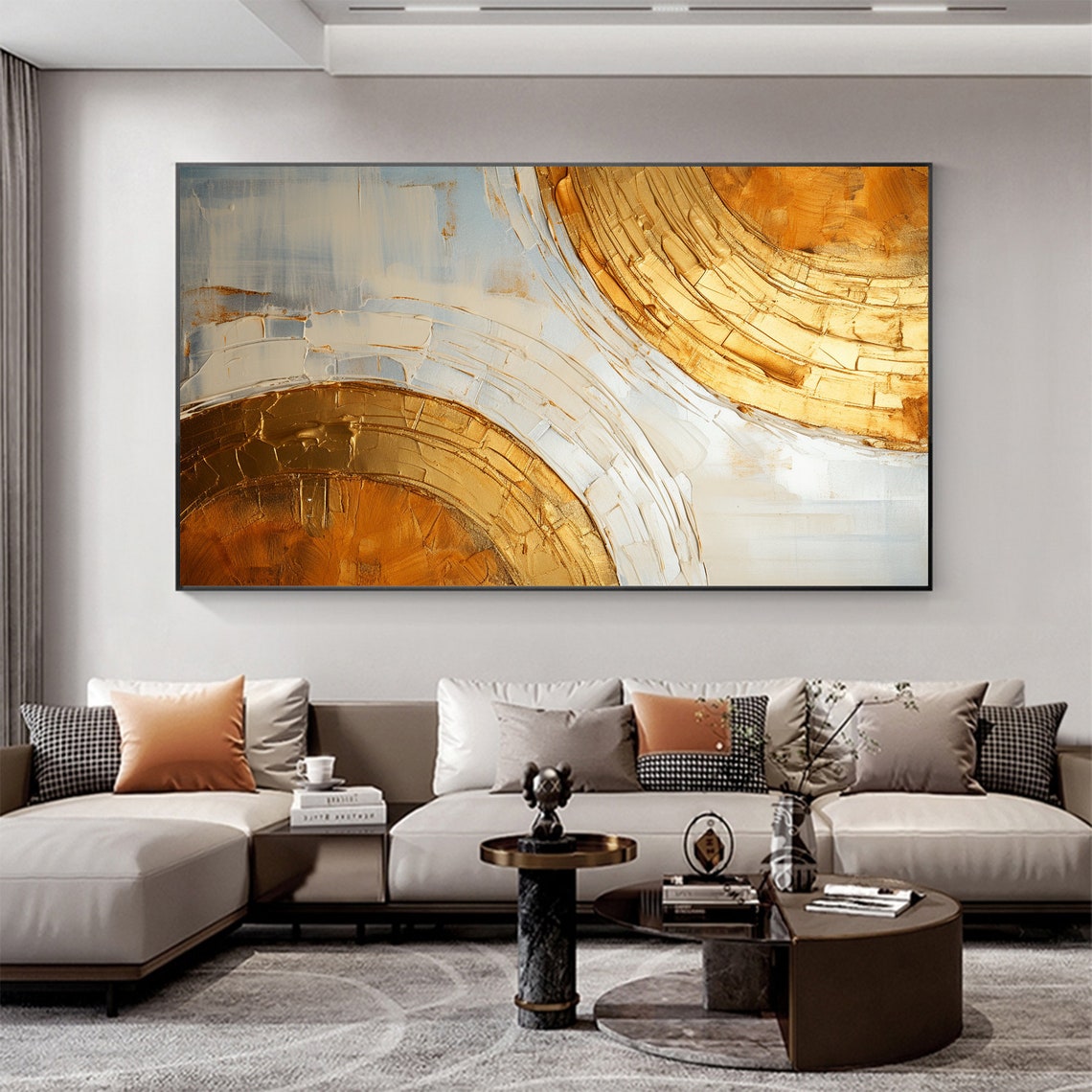 Gold White Double Circle Arcs Abstract Textured Painting Poster - Image 7