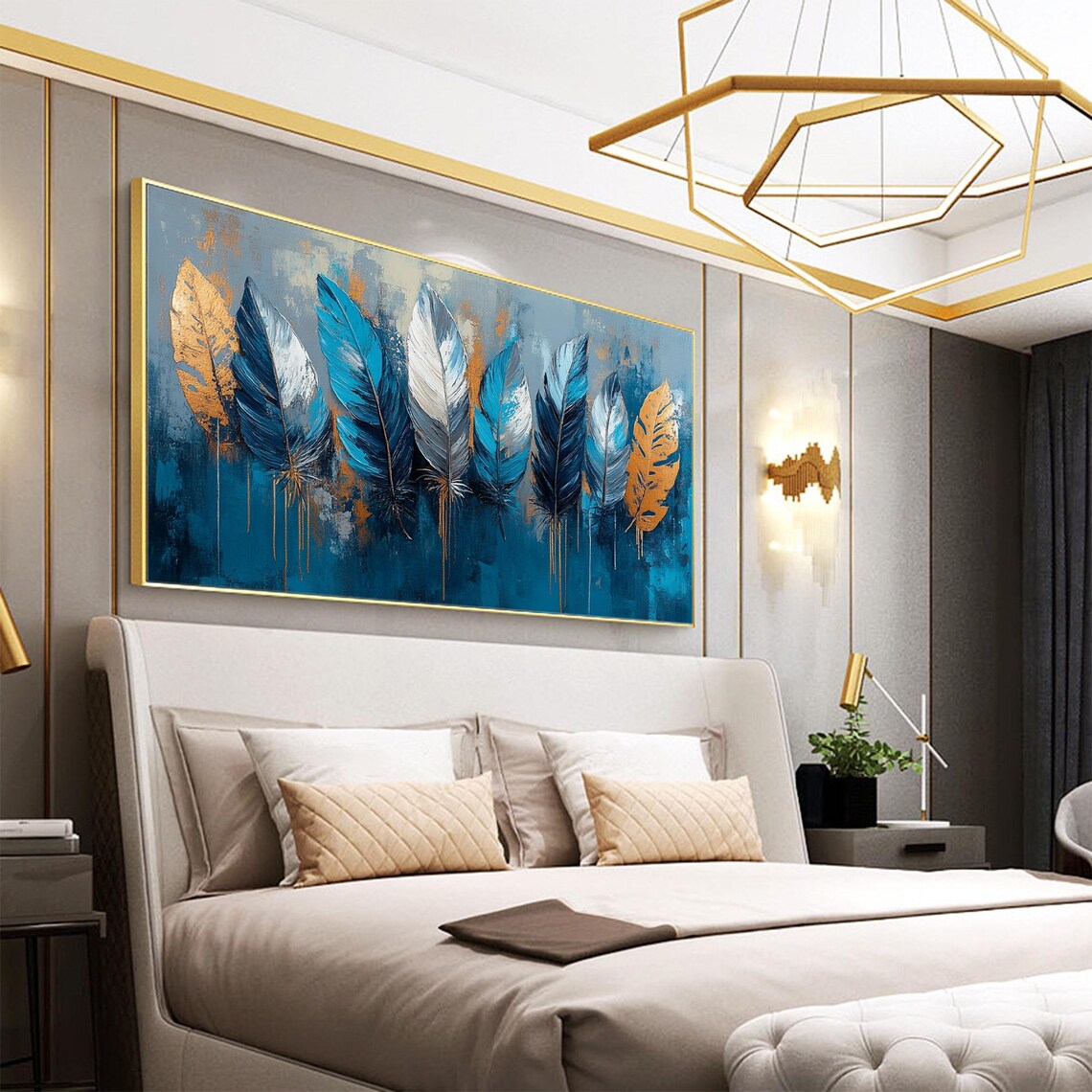 Blue and Gold Feathers Row with Metallic Drip Accents Poster - Image 6