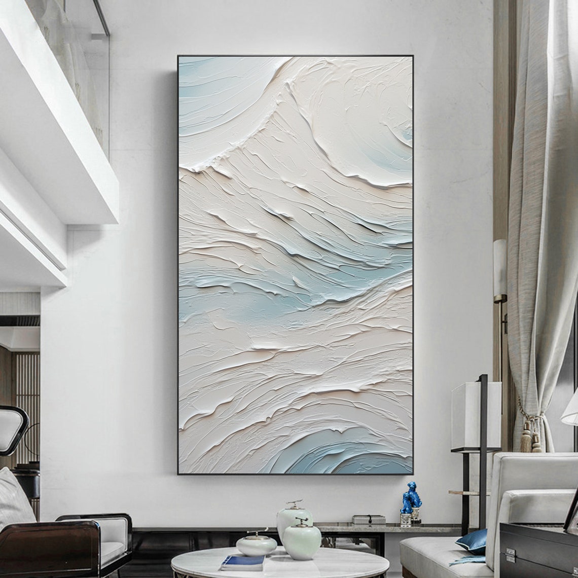 Vertical White Pale Blue Swirl Wave Textured Abstract Painting Poster - Image 7