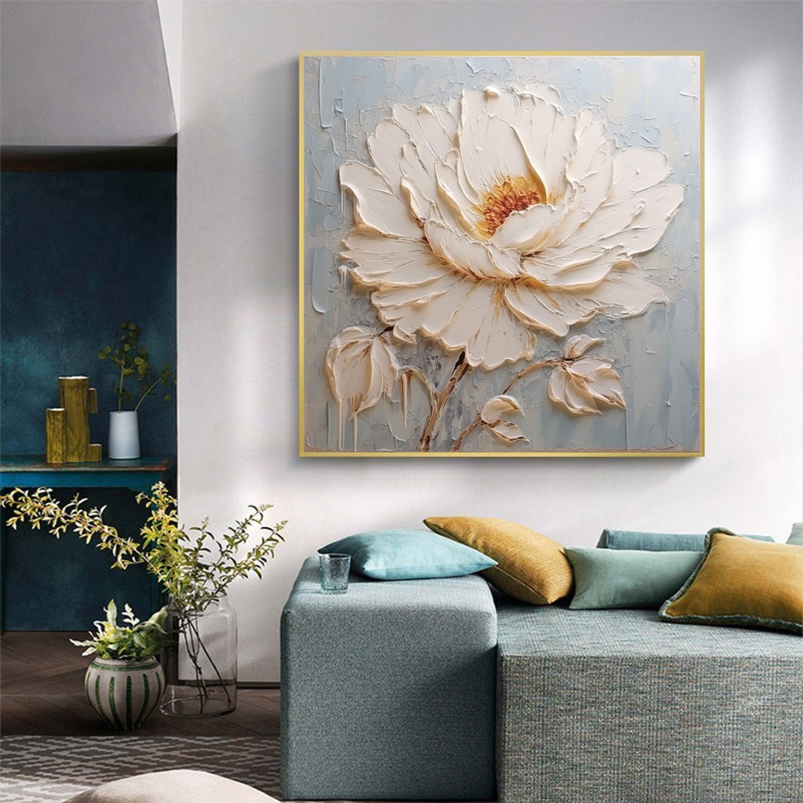 Large White Peony Blossom Thick Impasto on Soft Pale Blue Poster - Image 6