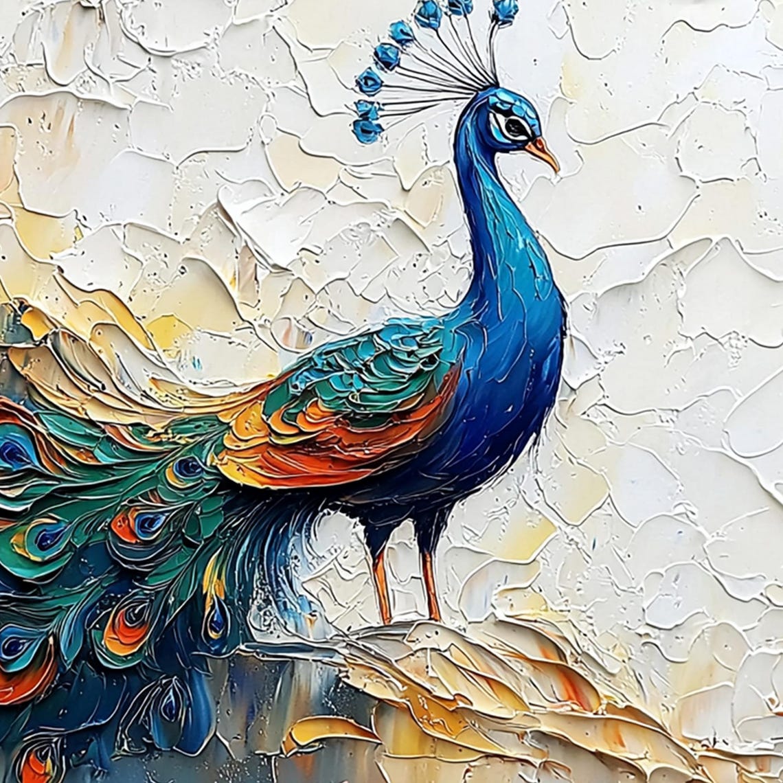 Standing Peacock in Profile with Colorful Tail on White Poster - Image 6