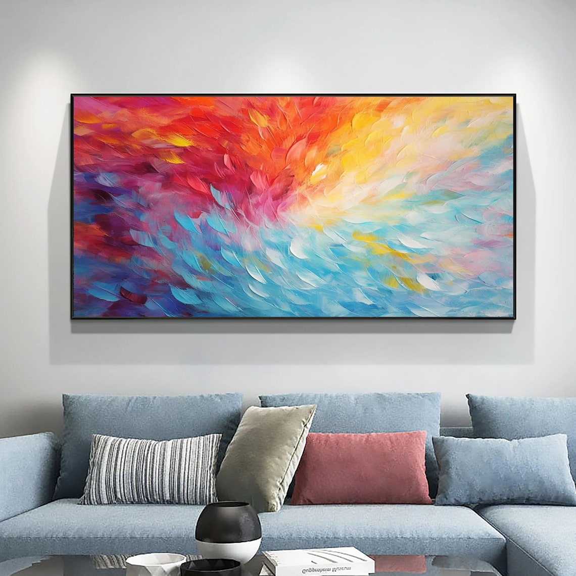 Dreamy Blush Pink to Ocean Blue Feather Swirl Abstract Wall Art - Image 6
