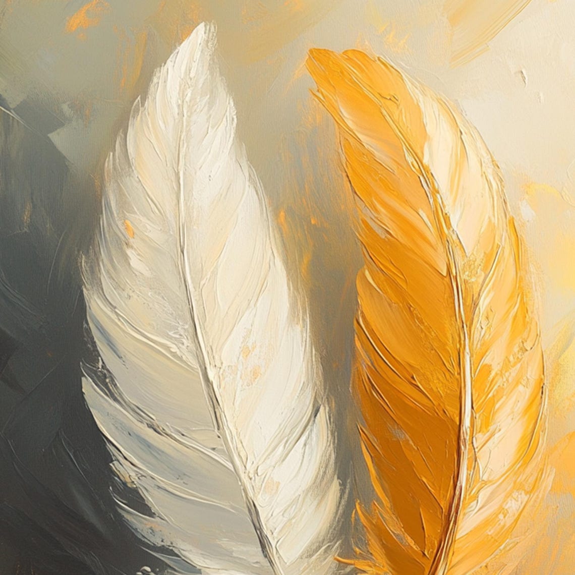 White and Golden Feather Pair Elegant Abstract Oil Art Poster - Image 5