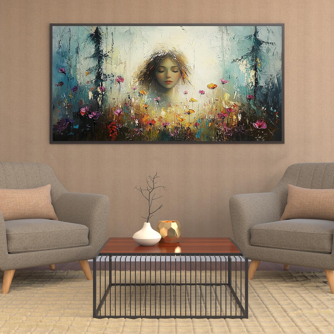 Serene Closed-Eyed Woman Face in a Dreamy Wildflower Field Poster - Image 3
