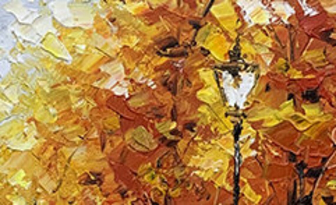 Rainy Autumn Street with Umbrella Golden Trees Oil Painting Poster - Image 3
