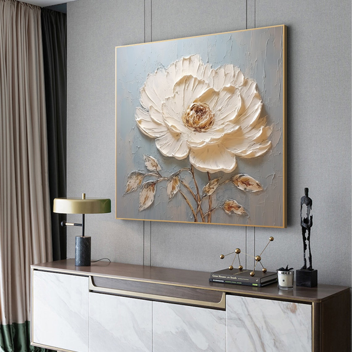 Single White Peony Flower Thick Impasto on Gray Blue Art Poster - Image 5