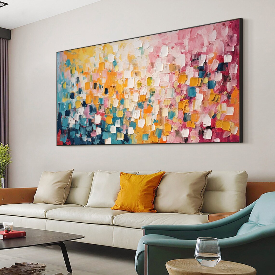 Colorful Mosaic Squares Abstract Pink Blue Yellow Art Poster - Image 4