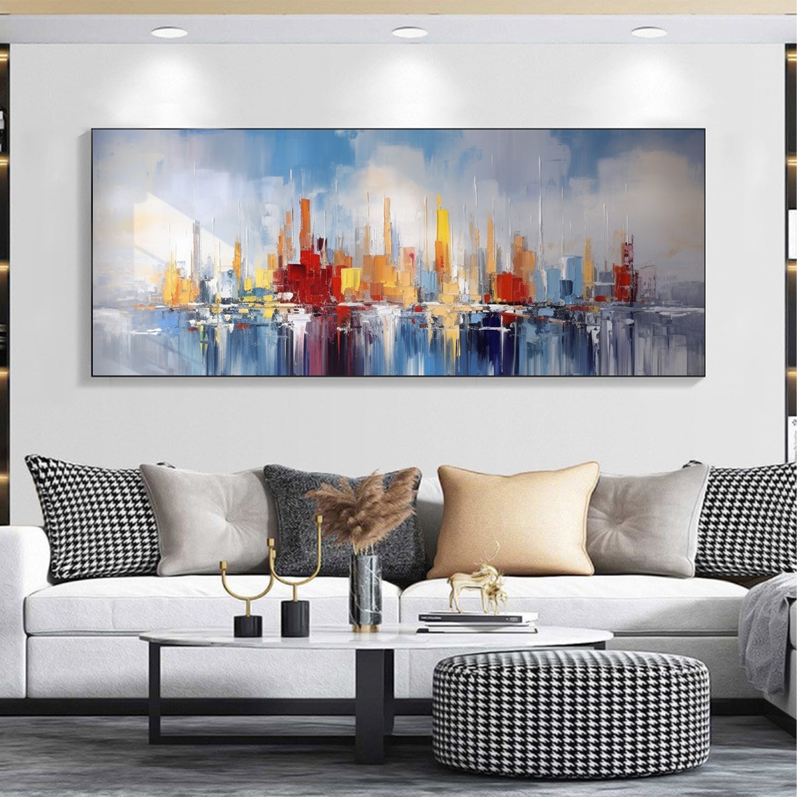 Red and Blue Abstract City Towers Water Reflection Art Poster - Image 2