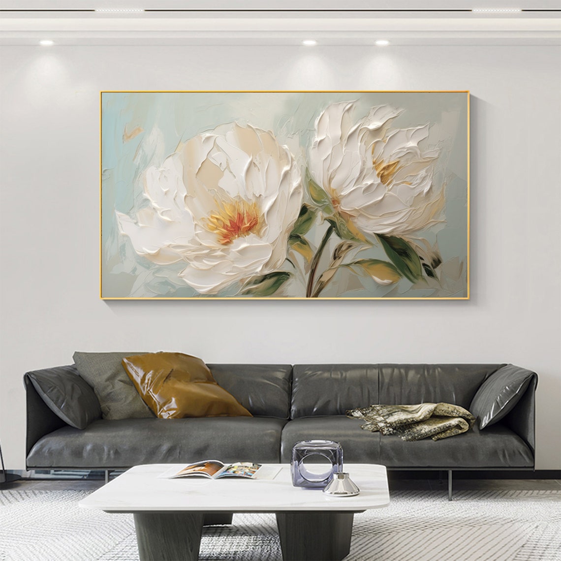 White Peony Flowers Soft Sage Impasto Texture Painting Poster - Image 3