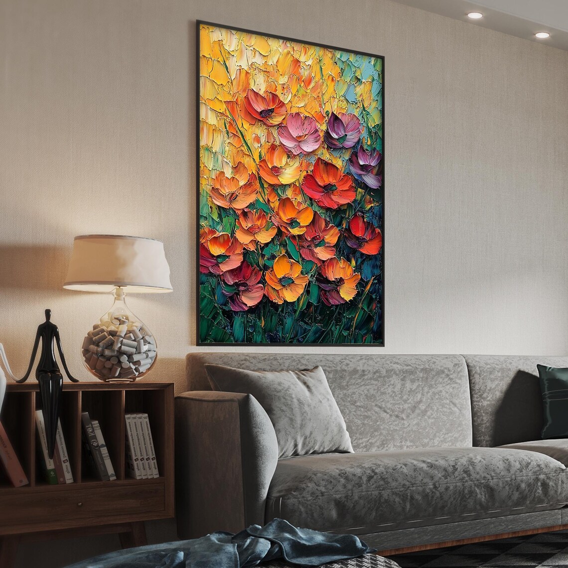 Orange Red Poppy Flowers Teal Impasto Square Floral Painting Poster - Image 3