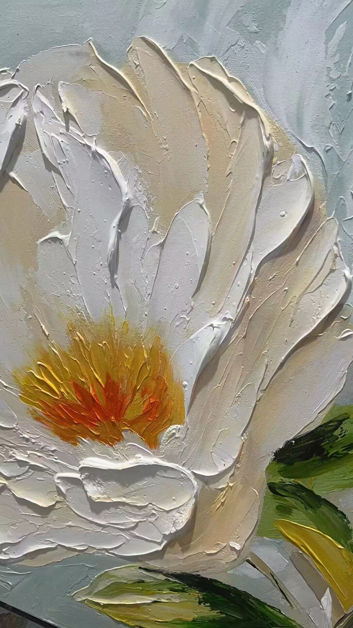 White Peony Flowers Soft Sage Impasto Texture Painting Poster - Image 4