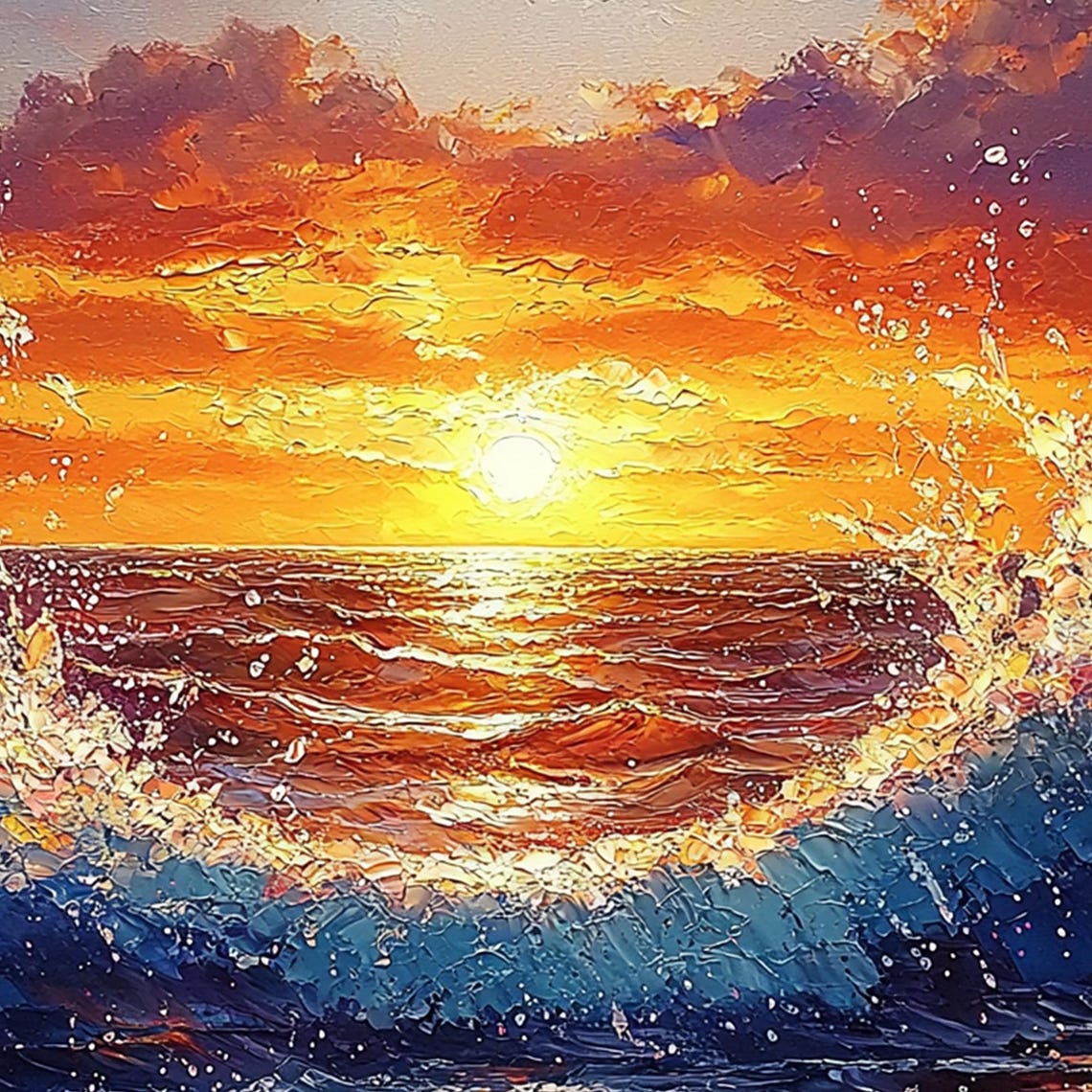 Vibrant Orange Sunset Seascape with Splashing Waves Oil Poster - Image 5