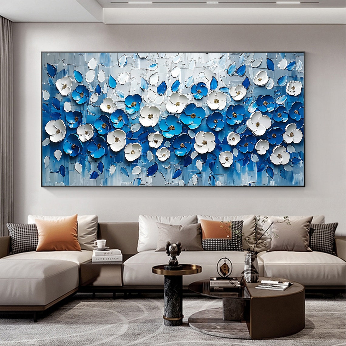 Blue and White Floral Impasto Blossom Living Room Art Poster - Image 3