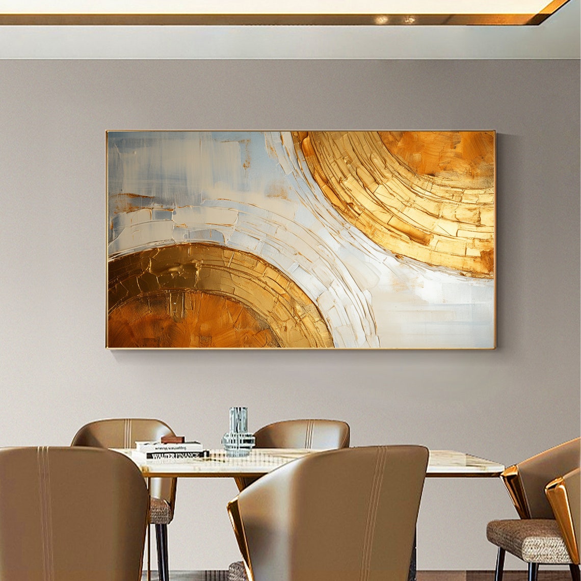 Gold White Double Circle Arcs Abstract Textured Painting Poster - Image 4