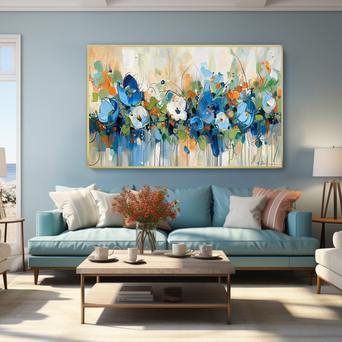 Blue Floral Blooms Orange Accents Loose Abstract Painting Poster - Image 2