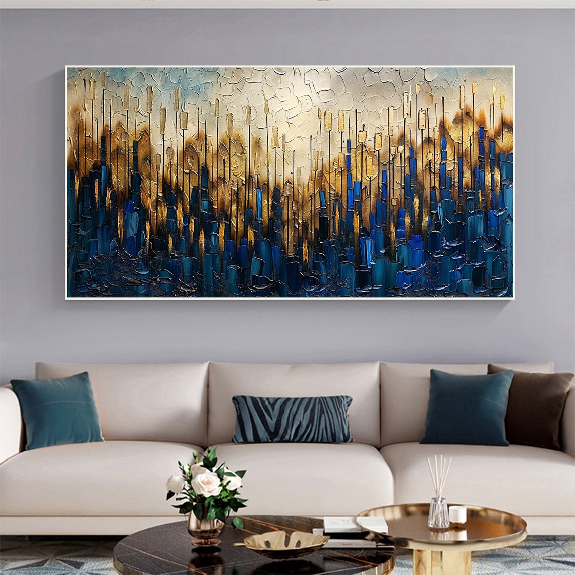 Navy Blue And Gold Vertical Brushstroke Textured Abstract Poster - Image 3